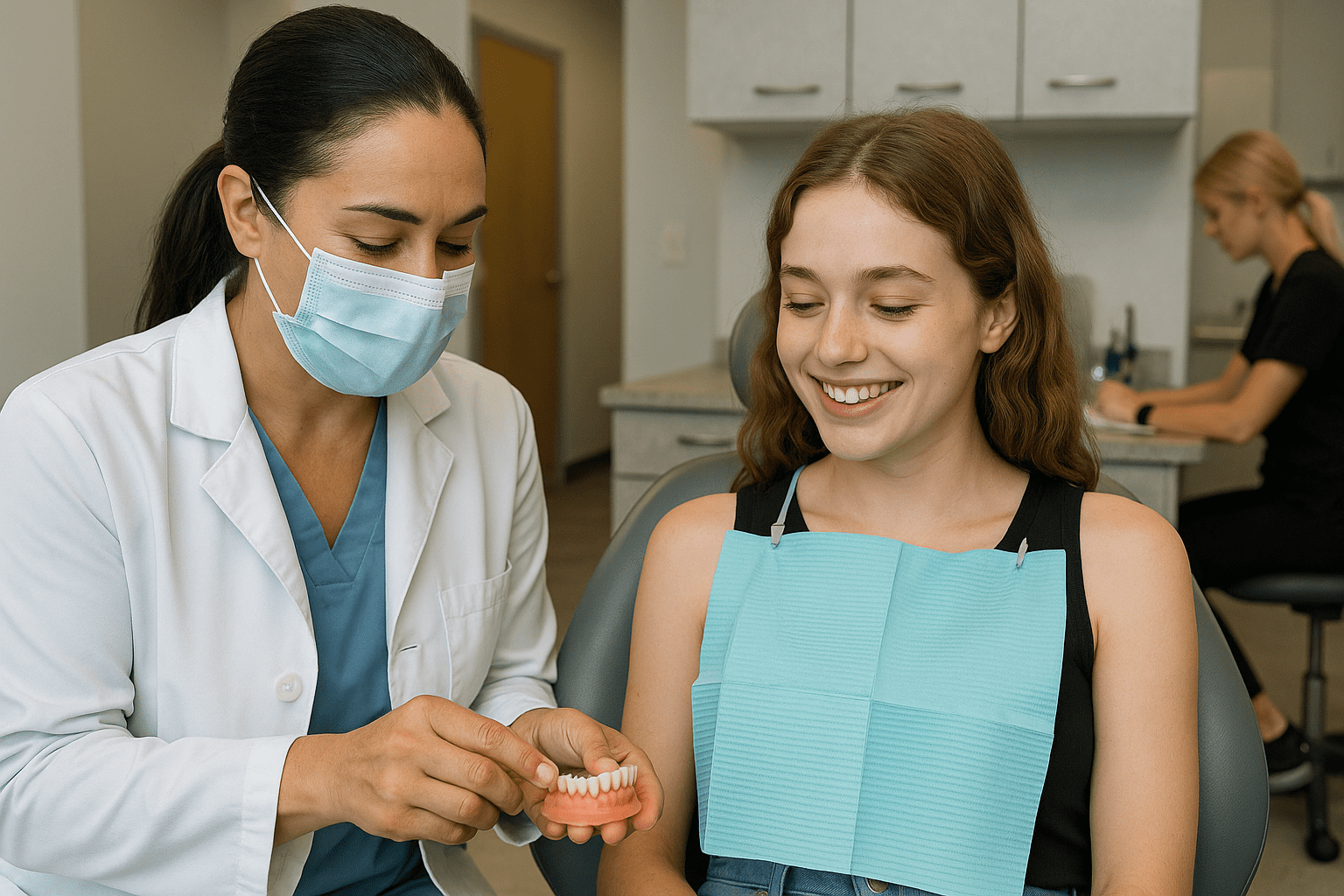 Dentist with patient showing teeth model